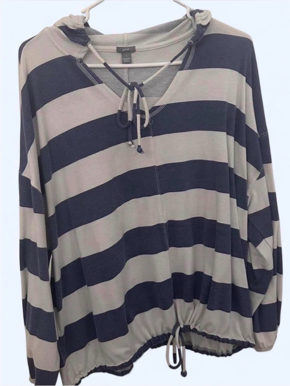 Aerie Soft Stripe Drawstring Hem Long Sleeve Top Hoodie Sweatshirt M blue white